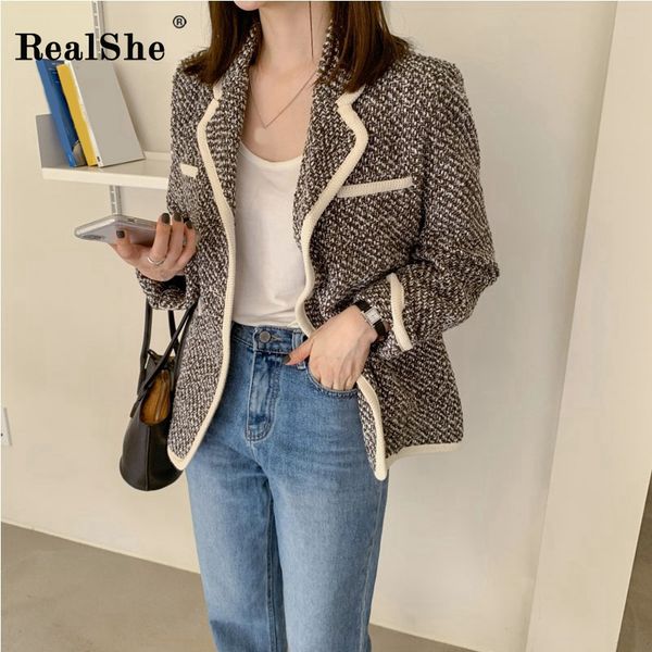 

realshe oversize jacket woman turn-down collar long sleeve coats and jackets women spring casual elegant wool coat women 2020, Black