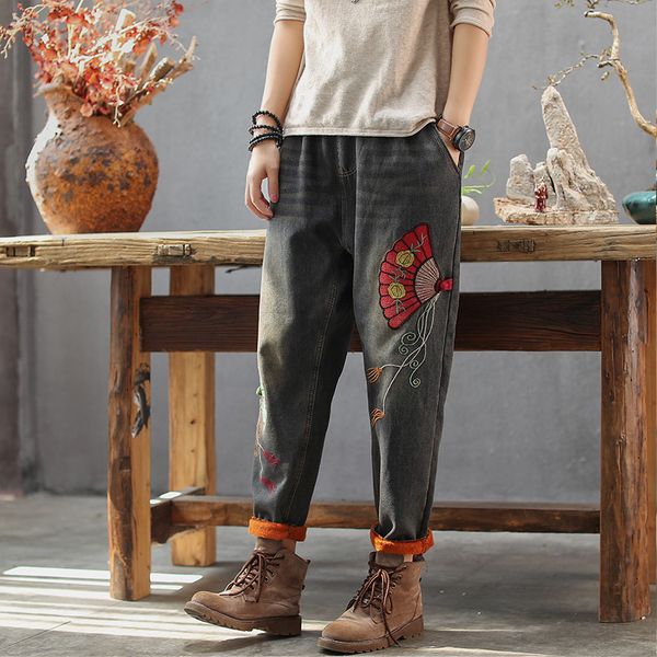 

women jeans autumn winter retro elastic waist fleece warm denim pants 2019 new ladies patchwork loose casual trousers, Blue