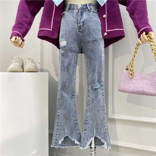 

2020 spring summer new cowboy pants fashion holes flare jeans trousers slimming women high waist washing denim pants, Blue