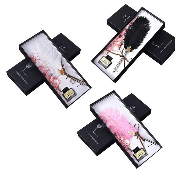 

vintage handmade ostrich feather quill dip fountain pen with ink set english calligraphy writing stationery wedding gift