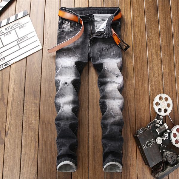 

2019 mens ripped black embroidery poker badge denim jeans casual biker slim straight pants fashion designer hole splice jeans, Blue