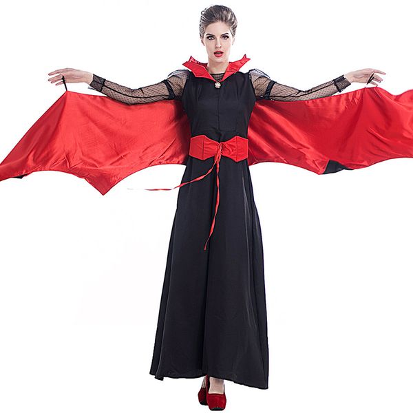 Moda-Halloween Vampire Costume Rainha Longo Maxi Vestido Festa Fatos de Bruxa Mulheres Roleplay Roupas Masquerade Festa Cosplay