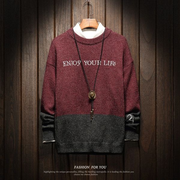 

2019 autumn winter christmas casual o-neck patchwork pullover sweater men turtleneck fashion brand warm pull, White;black