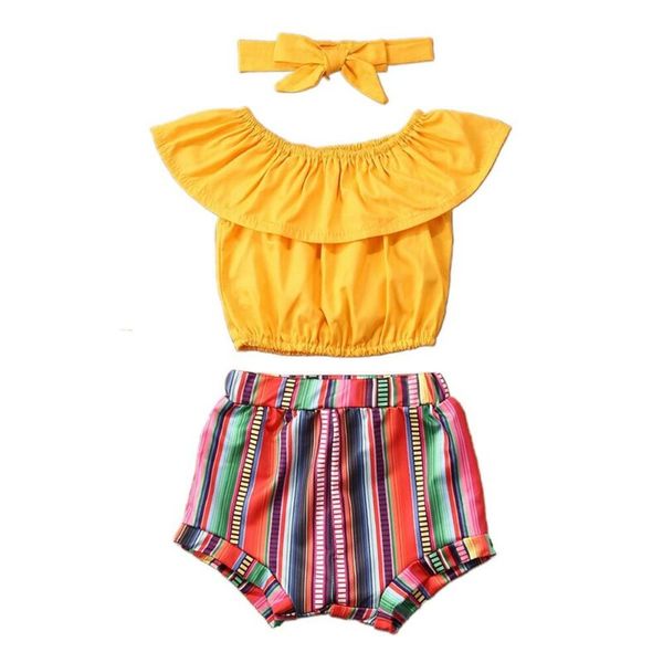 

1-6years kids baby girl clothes summer sets 3pcs ruffle tank striped shorts headband holiday beach children girl outfits, White