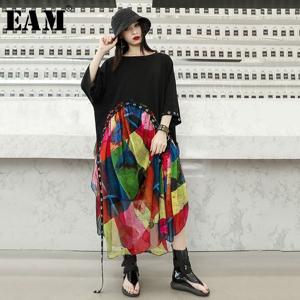 

eam] 2020 new spring summer round neck half sleeve print pattern bandage chiffon personality big size dress women fashion jx866, Black;pink