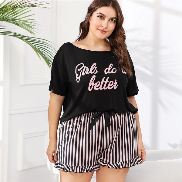 

womens sleepwear femme lingeries size plus women letter print tee and striped shorts short sleeve tshirt with shorts sleepwear set, Black;red