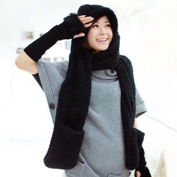 

clearance-sale black 3 in 1 women winter warm soft hooded scarf snood pockets gloves scarfs hat sale, Blue;gray