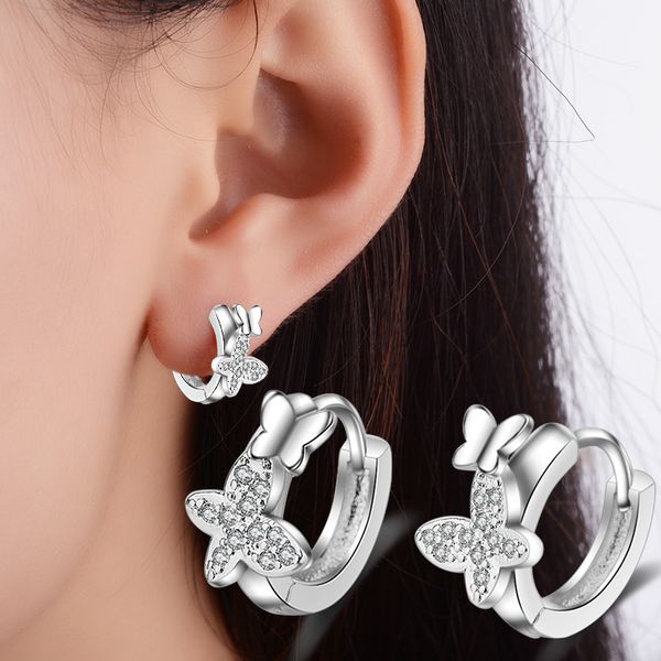 

new arrival lady 925 silver earrings girls bride wedding jewelry fashion crystal butterfly hoop earrings for women accessories, Golden;silver