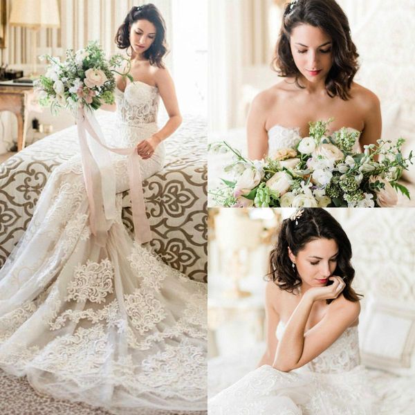

riki dalal bohemian mermaid wedding dress gorgeous sweetheart see through full lace applique bridal gown summer garden wedding dresses cheap, White