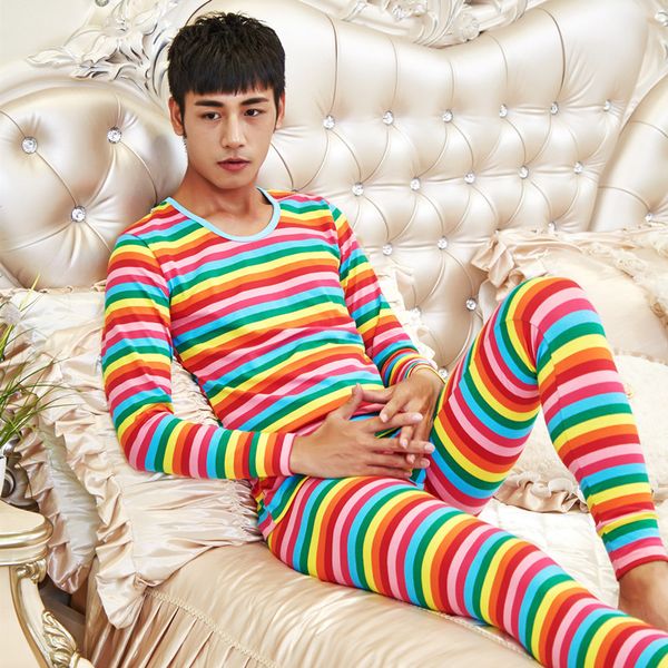 

men's thermal suit fashionable cotton breathable stripe colorful slim long johns suit, Black;white