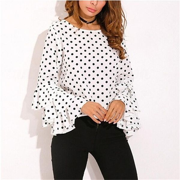 

round collar polka dot shirt women new layered trumpet sleeve blouse shirts lady 2020 fashion shirt blusas mujer de moda 2020, White