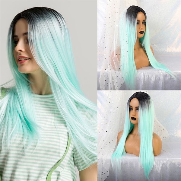 

25 inch straight center parting wigs ombre mint green halloween party wig, Black