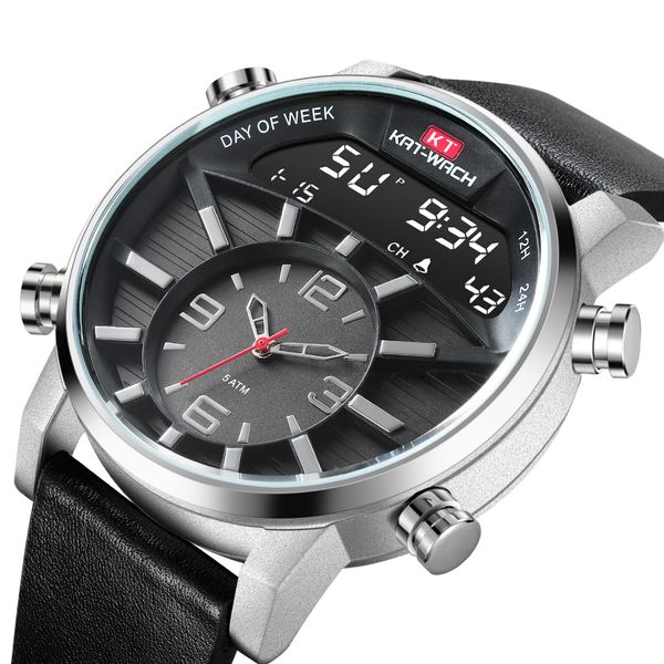 

kat-wach model electronic watch men's fashion waterproof sports quartz watches large dial table luminous timing male, Slivery;brown
