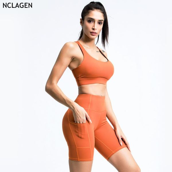 

nclagen йога женщина красивая вернуться костюм высокой талией обучение женщина двухсекционный установить gym спорт workout бег crop top фитн