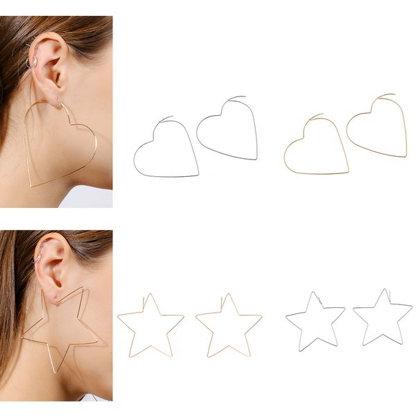 

fashion punk style simple design big statement gold wire heart star hoop huggie earrings brincos women jewelry wholesale, Golden;silver