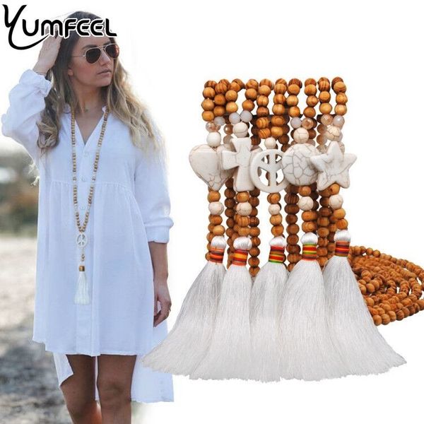 

yumfeel brand new white tassel necklace handmade wood beads stones pendant necklace women jewelry, Silver