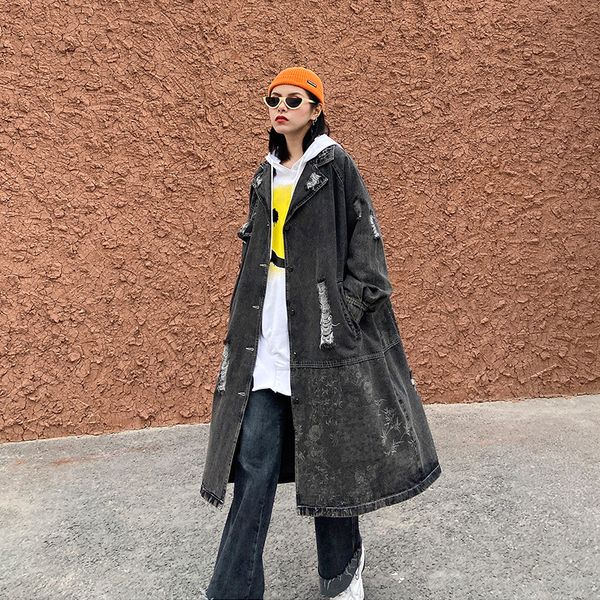 

women plus size hole pattern long denim trench coat jacket female men vintage streetwear hip hop punk jean windbreaker outerwear, Tan;black