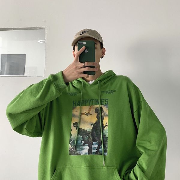 

autumn new hoodies men fashion dinosaur print casual cotton hooded pullover man streetwear hip hop loose sweatshirt male hoodie, Black