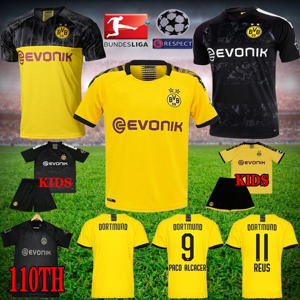 

bundesliga bvb borussia dortmund 110th soccer jersey 19 20 gotze reus pulisic witsel jerseys paco alcacer football shirt men kids kit sets, Black;yellow