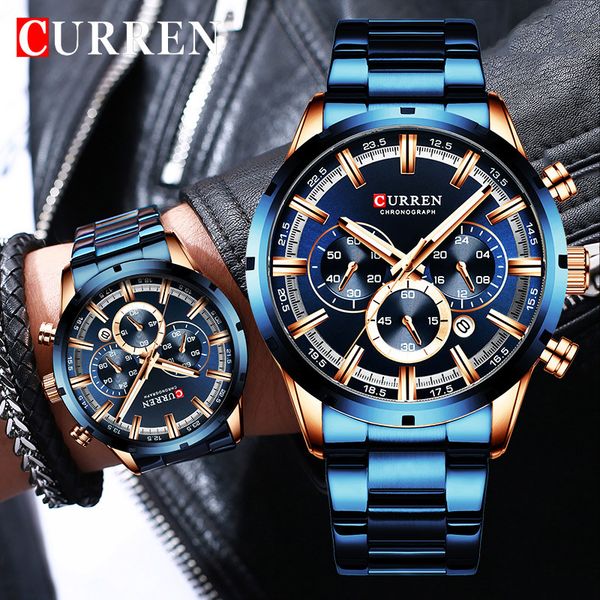 

new curren fashion men watches with stainless steel brand luxury sports chronograph quartz watch men relogio masculino t200113, Slivery;brown