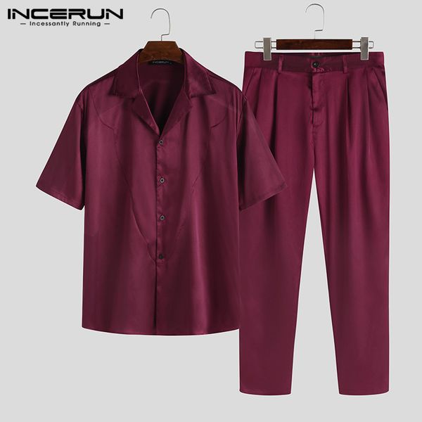 

incerun men sets streetwear short sleeve solid lapel shirt button soft pants casual fashion breathable 2 pieces sets mens suits, Gray