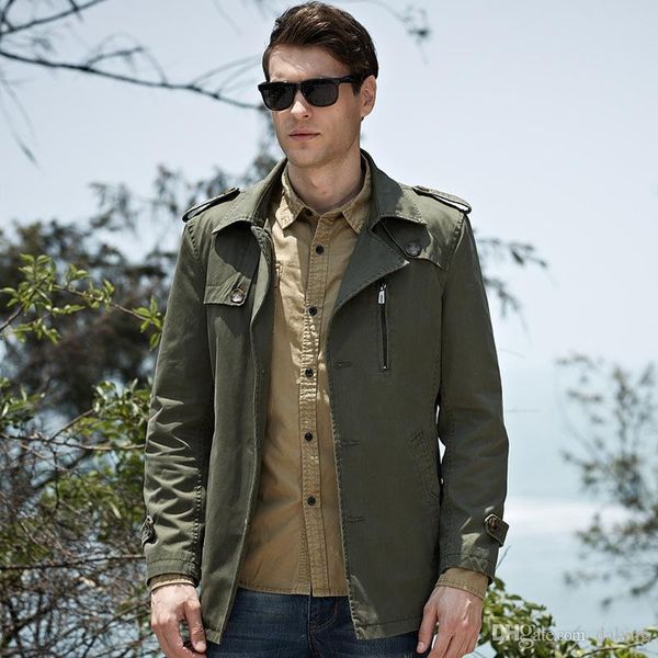 

europe us russia tide men lapel neck pocket button trench coat green cotton blend long style buttons patchwork vestidos casual outerwear