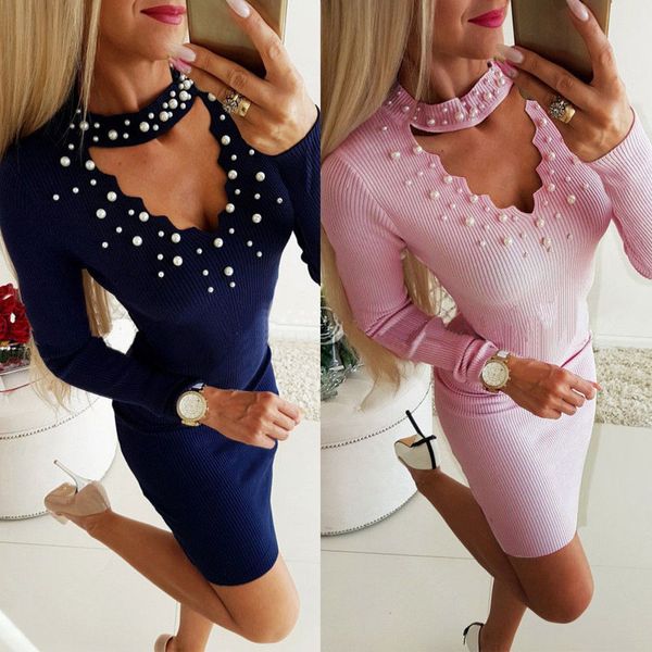

2019 fashion women long sleeve dress beading bodycon strap v pearl cocktail party dress pencil, Black;gray