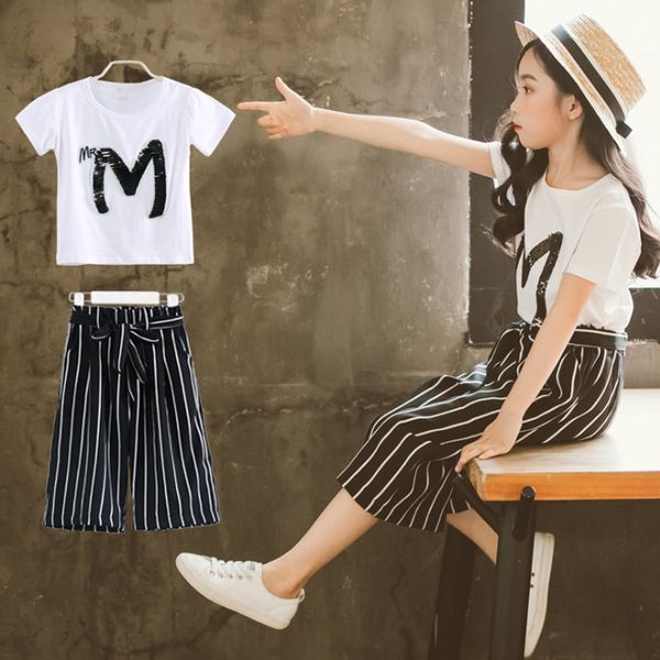 

girls children clothing sets kids clothes summer children sequin letter short sleeve t-shirt +stripe pants 2 pcs jy297, White