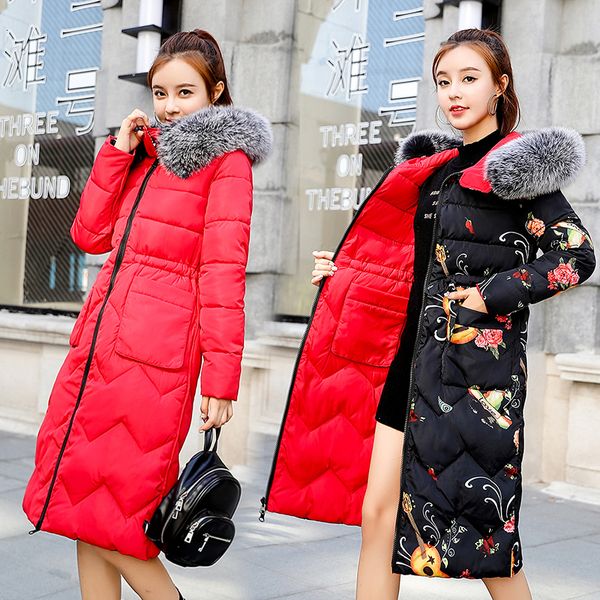 

2019 new arrival double sided can be wore winter jacket for women with fur hood long coat down jacket cotton padded female parka y190926, Black;white