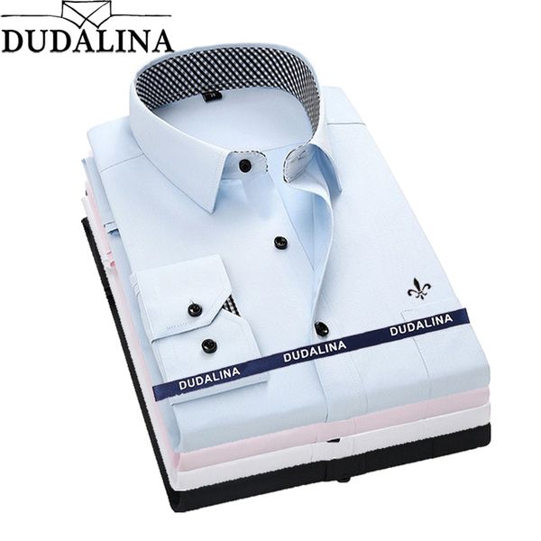 

dudalina shirt male solid shirt brand clothing pocket mens long sleeve 2019 summer slim fit casual men clothes, White;black