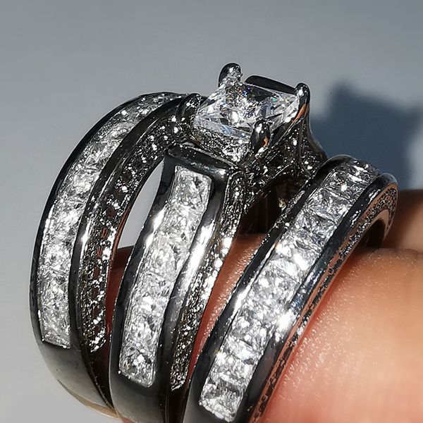 Princesa Cut Branco Zircon Engagement Ring Set Feminino Amarelo Ouro Prata Cor CZ Stone Anéis para as Mulheres Homens casamento