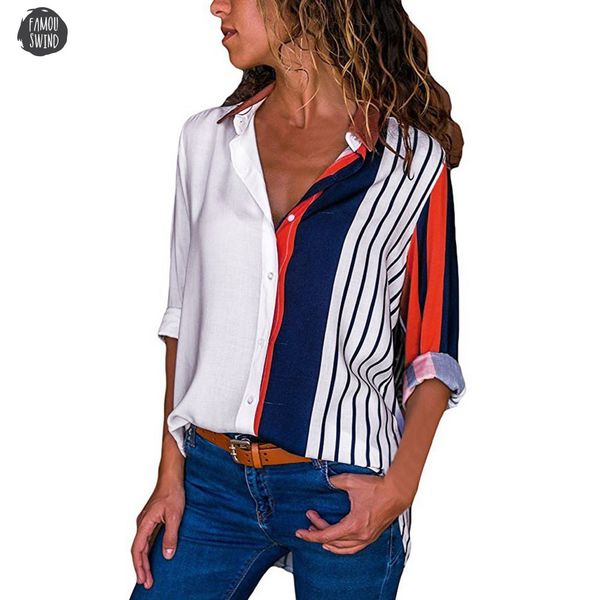 

блуза рубашка повседневного длинного рукав цвет блок нашивка кнопка turn down чередующихся рубашки топы женского womens mujer de moda 2019, White