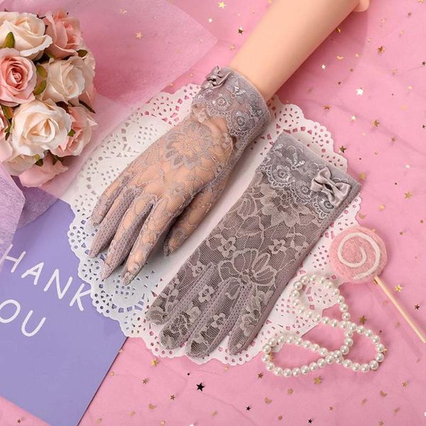 

fashion women gloves spring summer ladies non-slip lace finger gloves outdoor bow touch screen sunscreen, Blue;gray