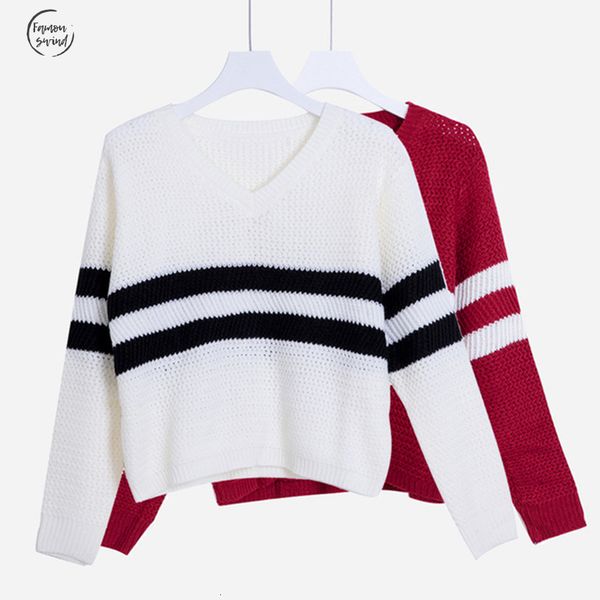 

4 осень женщины свитера пуловеры v шеи crop топы с длинным рукавом полосатой вязаный свитер roupas femininas t4n510, White;black