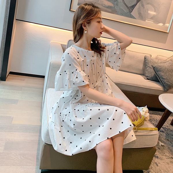 

0823# maternity dress summer dot o neck cotton short sleeve loose stylish dress for pregnant women mom, White