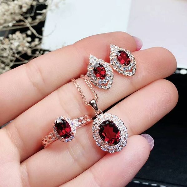 

meibapj fine quality natural red garnet gemstone trendy jewelry set for women real 925 sterling silver charm fine jewelry, Black