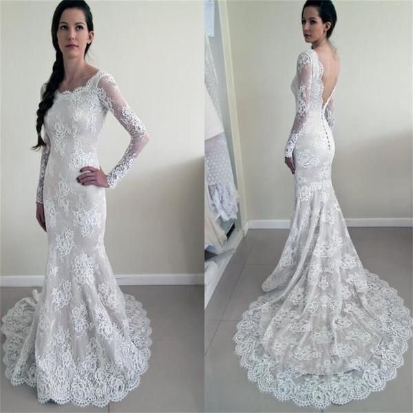 

modest long sleeve mermaid wedding dresses 2019 robe de mariee custom made lace bridal gowns open back weddings dress, White