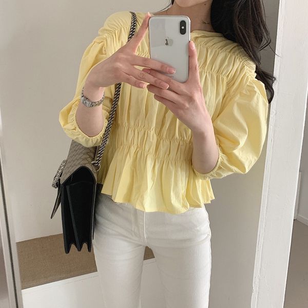 

2020 new arrivals korean chic camiseta femme o-neck pleasted short sleeve tee sweet gril blusas, White