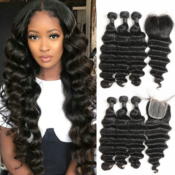 Indian Loose Deep Wave Bundles With Closure 100 Unprocessed Raw