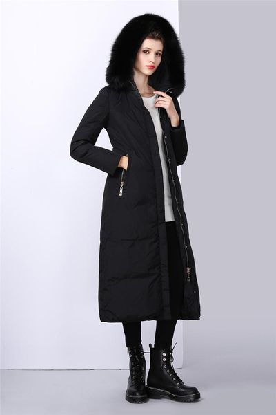 

ianlan winter womens slim waist x-long down coats ladies big fur collar down coats long sleeve hooded overcoats il00400, Black