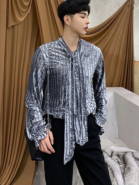 

men velvet tie collar long sleeve casual shirt male women stripe dress shirts couple clothing, White;black