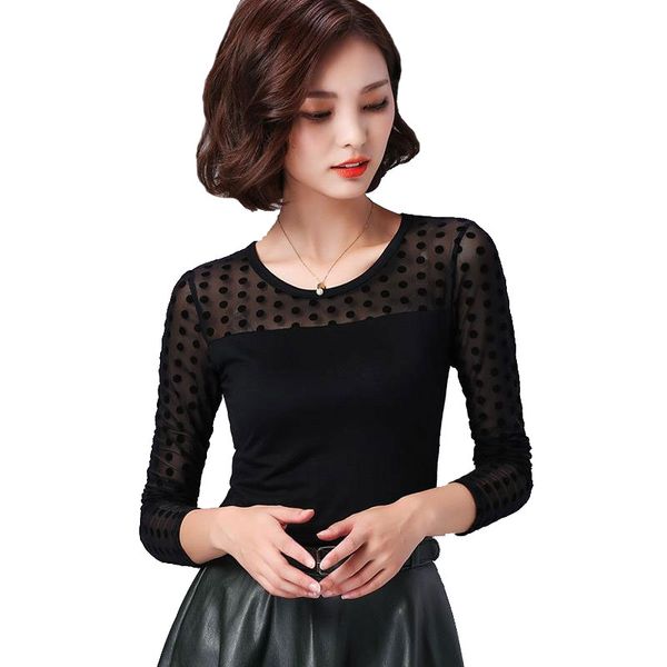 

Women Blouse Shirt Lace Fashion O-neck Long Sleeve Black Korean Shirts Casual Spring Blouses Ladies Tops