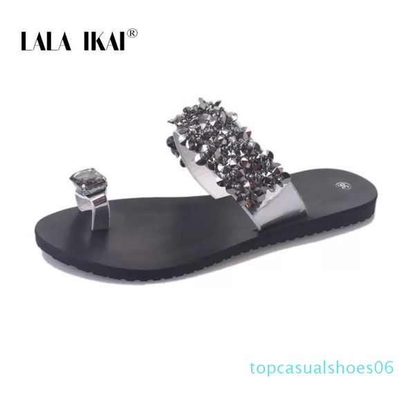 

lala ikai rhinestone women slippers summer outdoor crystal bling beach ladies slides fashion flat shoes, Black