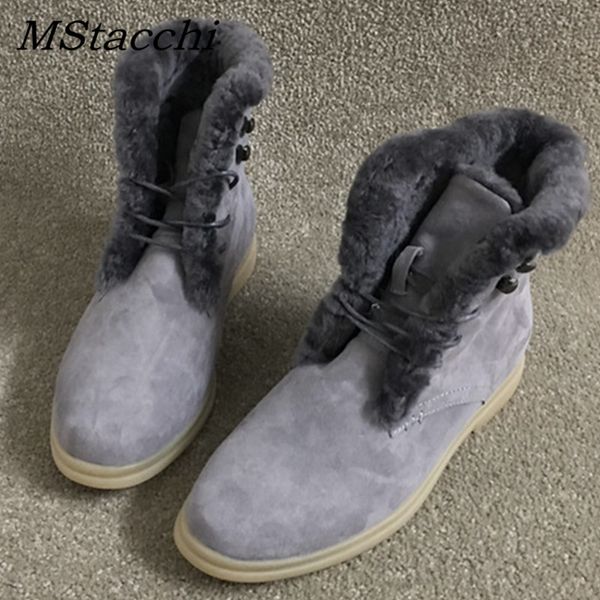 

mstacchi new nude suede leather lace-up ankle boots for women high wool snow shoes woman winter comfortable flat botas mujer, Black