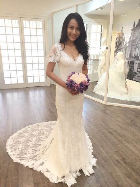 

real p full lace mermaid wedding dresses short sleeve v neck low v back bridal gowns backless vestido de noiva, White