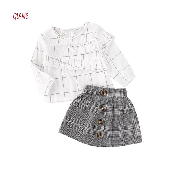 

clothing sets 2-7years toddler kids girls clothes plaid lantern sleeve +button skirts 2pcs outfits set fall winter, White