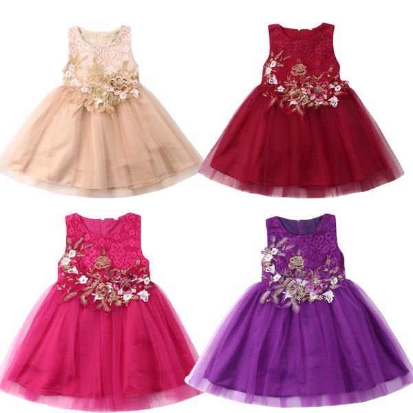 

flower girls embroidered lace party prom dresses 3-10y toddler girls clothes sleeveless knee-length tutu dress sundress, Red;yellow