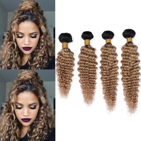 Ombre Honey Blonde Deep Wave Human Hair Weave Bundles Dark Roots