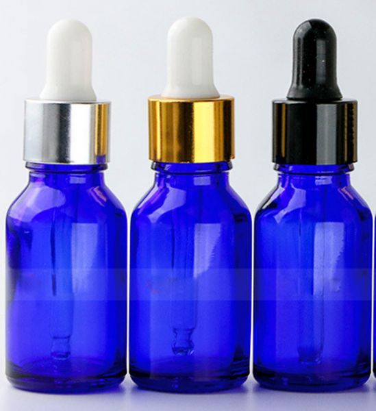 Prezzo all'ingrosso Flaconi contagocce cosmetici in vetro blu da 15 ml Contenitore per olio essenziale LIQUIDO con coperchi in alluminio