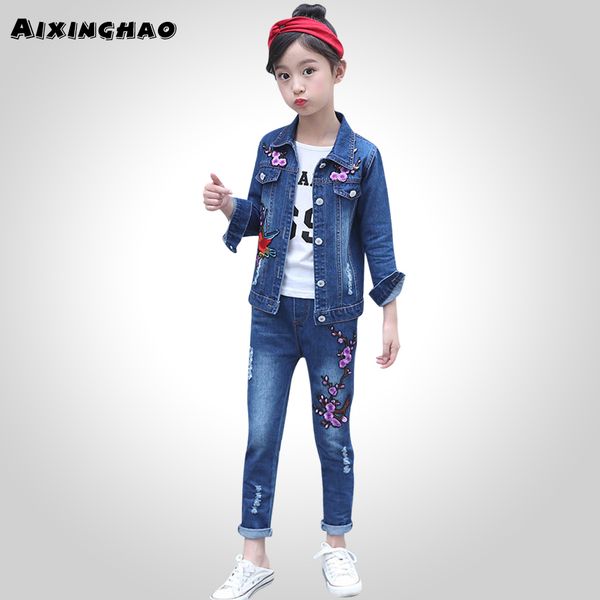 

girls clothes set denim jackets + jeans pants 2pcs set for girls flower embroidery clothes for 6 8 10 12 13 14 year, White